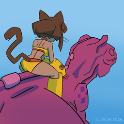 anthro bikini brown_ears brown_hair brown_tail clothed clothed_anthro clothed_female clothing duo female female_anthro hair magenta_body pink_body purple_body solo swimwear tail tan_body two-piece_swimsuit yellow_clothing sergeiljin gameoverse glitch_productions gobbles_(gameoverse) kit_bodega dinosaur domestic_cat felid feline felis mammal prehistoric_species reptile saurischian scalie theropod tyrannosaurid tyrannosauroid tyrannosaurus tyrannosaurus_rex 1:1 2026 dated hi_res