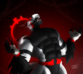 anthro bandage bandage_on_hand black_mouth blue_eyes chain claws glowing glowing_eyes horn looking_at_viewer looking_down looking_down_at_viewer male multicolored_body muscular muscular_anthro muscular_male nude sharp_teeth simple_background solo spiked_arms spiked_tail spikes spikes_(anatomy) tail teeth teymosoo mythology korasuto(renan_argent) deity dragon mythological_creature mythological_scalie scalie absurd_res detailed half-length_portrait hi_res portrait