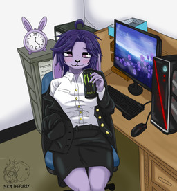 anthro clothing computer electronics exercise female fur hair purple_body purple_eyes purple_fur purple_hair solo workout allartskye monster_energy lagomorph leporid mammal rabbit hi_res