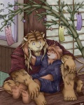 age_difference anthro bamboo cuddling duo kemono larger_male male male/male size_difference smaller_male tail tanzaku text young young_anthro zen_(kemono_artist) tanabata canid canine felid mammal pantherine tiger hi_res japanese_text translation_request