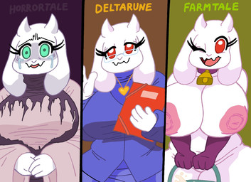 alternate_universe anthro armwear bell bell_collar belly big_breasts bodily_fluids book breasts clothed clothing collar crying curvy_figure dress elbow_gloves eyelashes eyewear farmtale female glasses gloves group handwear happy heart_symbol jewelry looking_at_viewer mature_female milk necklace nipples one_eye_closed pendant slightly_chubby smile tears trio white_body wink teddynours deltarune horrortale undertale_(series) toriel toriel_(deltarune) toriel_(farmtale) toriel_(horrortale) aquatic mammal pinniped seal hi_res
