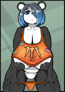 :< anthro areola barely_visible_genitalia barely_visible_vulva big_breasts big_nipples black_areola black_nipples blue_highlights bottomwear bottomwear_pull breasts cleavage clothed clothing clothing_lift clothing_pull exposed_breasts female fupa genitals hands_on_legs hands_on_thighs highlights_(coloring) huge_breasts logo_on_shirt looking_at_viewer neutral_expression nipples orange_clothing orange_shirt orange_tank_top orange_thong orange_topwear orange_underwear panties shirt shirt_lift simple_background solo tank_top tank_top_lift text text_on_clothing text_on_shirt text_on_tank_top text_on_topwear thong thong_pull three-quarter_view topwear underwear underwear_pull vulva white_vulva conditional_dnp quin-nsfw monster_energy suzu_(quin-nsfw) bear giant_panda mammal absurd_res digital_media_(artwork) hi_res