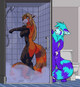 anthro anthro_on_anthro areola balls bathing biped bodily_fluids breasts cum cumshot duo ejaculation female genital_fluids genitals hair inner_ear_fluff intraspecies male male/female markings masturbation nipples nude penile penile_masturbation penis pubes ring_(marking) ringed_tail shower showering striped_markings striped_tail stripes tail tail_markings toilet tuft voyeur black-kitten nitram_hu sis_(nitramhu) ailurid mammal red_panda 2023 hi_res