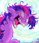 abstract_background female feral fur hair horn insane looking_at_viewer multicolored_hair nightmare_fuel open_mouth purple_body purple_eyes purple_fur smile solo tongue jowybean friendship_is_magic hasbro my_little_pony mythology twilight_sparkle_(mlp) equid equine mammal mythological_creature mythological_equine unicorn 2016 dated signature