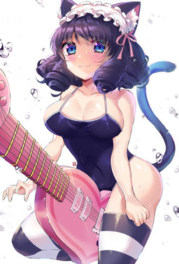 big_breasts black_hair blush blush_lines breasts bubble clothed clothing electric_guitar female guitar hair huge_breasts legwear maid_headdress musical_instrument pantyhose plucked_string_instrument short_hair simple_background solo stockings string_instrument swimwear thigh_highs yeon-kun sanrio show_by_rock!! cyan_hijirikawa animal_humanoid cat_humanoid felid felid_humanoid feline feline_humanoid humanoid mammal mammal_humanoid hi_res