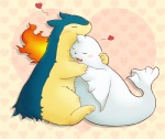 blush duo eyes_closed fangs female feral fire heart_symbol hug male open_mouth pattern_background simple_background teeth kinoko nintendo pokemon dewgong generation_1_pokemon generation_2_pokemon mammal marine pinniped pokemon_(species) typhlosion 2012