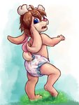 anthro antlers big_ears clean_diaper clothed clothing diaper diaper_only grass horn looking_back male one_foot_raised open_mouth pawpads plant solo standing toddler topless wearing_diaper young young_anthro wyfoo jackalope lagomorph mammal