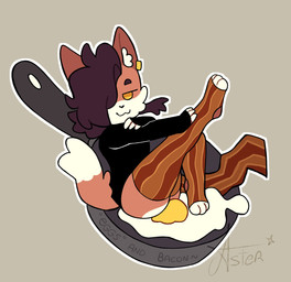 anthro bacon brown_hair choker chokerfox cookware egg femboy fluffy_ears food frying_pan hair jewelry keychain kitchen_utensils male meat necklace piercing smug smug_face solo tools starlit_aster canid canine fox mammal hi_res