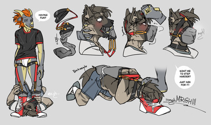 anthro asking asking_another athletic athletic_anthro athletic_dom athletic_male athletic_sub bdsm between_feet between_legs blush bodily_fluids bottomwear brown_body brown_fur brown_hair clothed clothing dialogue dominant dominant_male duo erection erection_under_clothing facial_piercing feet foot_fetish foot_on_head footwear fur gag garter_belt garter_belt_socks garter_straps genital_fluids grey_body grey_scales grunting hair horn jockstrap leg_grab male male/male motion_lines multicolored_clothing multicolored_topwear musk nose_piercing nose_ring piercing precum precum_through_clothing question red_clothing red_footwear red_shoes restrained ring_piercing scales shoe_fetish shoe_sniffing shoes shorts simple_background sneakers sniffing sniffing_clothes sock_gag sock_sniffing sock_suspenders socks speech_bubble submissive submissive_male talking_to_another talking_to_partner text topwear underwear vowelless vowelless_vocalization wet wet_clothing yellow_body yellow_scales yes-no_question grumpy_gray_guy mythology gorelion canid canine dragon mammal mythological_creature mythological_scalie scalie 2022 english_text