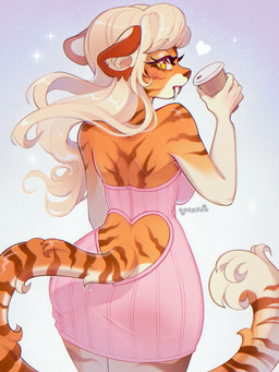 anthro bangs blonde_hair blush brown_markings brown_nose clothing container cup dress eyelashes fangs female fur hair heart_symbol holding_container holding_cup holding_object inner_ear_fluff long_hair looking_back markings multicolored_body multicolored_fur orange_body orange_fur pink_clothing pink_dress rear_view sabertooth_(anatomy) solo striped_body striped_fur stripes tail tan_body tan_fur teeth tuft cepto_(artist) felid mammal pantherine tiger 2023 colored digital_drawing_(artwork) digital_media_(artwork) hi_res shaded