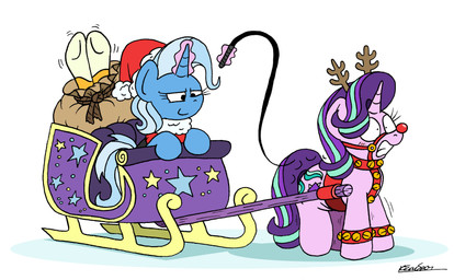 bag bell blush christmas_clothing christmas_headwear clothing cutie_mark female group hat headgear headwear holidays horn jingle_bell magic red_nose reindeer_costume sack santa_hat simple_background sleigh smile trio whip whipping white_background bobthedalek christmas friendship_is_magic hasbro my_little_pony mythology starlight_glimmer_(mlp) sunburst_(mlp) trixie_(mlp) equid equine mammal mythological_creature mythological_equine unicorn absurd_res hi_res
