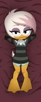 2023 absurd_res anatid anseriform anthro avian beak bedding bedding_background bedroom_eyes big_head bird black_eyes child clothed clothing dakimakura dakimakura_design disney dress dropcell duck ducktales ducktales_(2017) eyeshadow feet female front_view full-length_portrait hands_behind_head hi_res high-angle_view highlights_(coloring) layered_clothing lena_(ducktales) looking_at_viewer looking_up lying makeup membrane_(anatomy) narrowed_eyes on_back pattern_clothing pattern_dress pink_highlights portrait pose purple_eyeshadow seductive smile solo striped_clothing striped_dress stripes toes webbed_feet wide_hips yellow_beak young young_anthro young_female