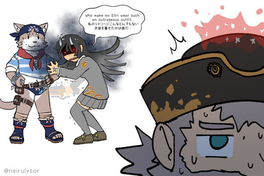 angry anthro black_hair clothing female fur grey_body grey_fur hair kerchief male pattern_clothing pattern_shirt pattern_topwear shirt speedo striped_clothing striped_shirt striped_topwear stripes swimwear text topwear young neirulysor lifewonders tokyo_afterschool_summoners female_protagonist_(tas) protagonist_(tas) sitri_(tas) domestic_cat felid feline felis human mammal 3:2 english_text hi_res japanese_text