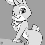 4_fingers anthro arm_support buckteeth butt eyelashes female fingers looking_at_viewer nude open_mouth short_tail solo tail teeth thick_thighs xylas disney zootopia judy_hopps lagomorph leporid mammal rabbit 1:1 2023 dated monochrome signature