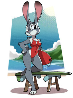 anthro arm_tuft beach breasts buckteeth clothing elbow_tuft eyelashes feet female fur grey_body grey_fur hand_on_hip holding_object multicolored_body multicolored_fur one-piece_swimsuit outside red_clothing red_swimwear scut_tail short_tail shoulder_tuft solo surfboard swimwear tail teeth tight_clothing tuft two_tone_body two_tone_fur white_body white_fur fabio_paulino disney zootopia judy_hopps lagomorph leporid mammal rabbit 2025 3:4 halftone