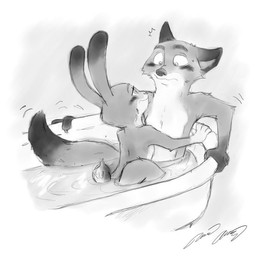 anthro bath bathing bathtub blush bodily_fluids claws dipstick_tail duo female fur male markings multicolored_tail nude partially_submerged predator/prey smile surprised sweat sweatdrop tail tail_markings acornshield disney zootopia judy_hopps nick_wilde canid canine fox lagomorph leporid mammal rabbit red_fox true_fox 1:1 2016 greyscale monochrome