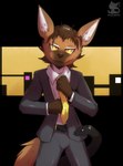2022 5_fingers anthro black_background bottomwear business_suit canid canine canis city clothing domestic_dog fingers fur hi_res looking_at_viewer luxuria male mammal necktie pants reptile scalie simple_background smile snake solo suit watermark yellow_eyes