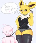 anthro areola blush breasts clothed clothing duo female female/female fur good_girl leash leash_pull legwear medium_breasts nude open_mouth simple_background smile speech_bubble thick_thighs thigh_highs exoticbuni nintendo pokemon eeveelution generation_1_pokemon human jolteon mammal pokemon_(species) digital_media_(artwork) hi_res