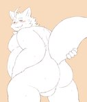 anthro backsack balls belly blush bodily_fluids genitals looking_at_viewer male moobs nipples nude one_eye_closed overweight rear_view smile solo sweat wink ibuki_haruno tamacolle iyo_(tamacolle) canid canine fox mammal absurd_res hi_res