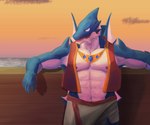 anthro blue_body boat bottomwear clothed clothing fin jewelry looking_at_viewer male multicolored_body muscular muscular_anthro muscular_male necklace nipples open_mouth pose shorts sky solo sunset topwear two_tone_body vehicle vest watercraft white_body yellow_eyes 581rsiy knights_college mythology baten_(knights_college) dragon mythological_creature mythological_scalie scalie 2021 6:5 absurd_res digital_media_(artwork) hi_res portrait three-quarter_portrait