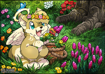 ambiguous_gender anthro basket black_nose blonde_hair chibi container cute_fangs detailed_ambient_creature detailed_background duo ear_halo fangs feathered_wings feathers floral flower flower_crown flower_garland fur garland grass hair halo happy open_mouth outside plant solo_focus standing teal_eyes teeth text tongue tree wings yellow_body yellow_fur o-kemono ambient_arthropod ambient_butterfly ambient_insect arthropod butterfly insect lepidopteran 2021 digital_drawing_(artwork) digital_media_(artwork) url