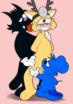 anal anal_penetration anthro antlers balls black_body black_fur blush bodily_fluids butt canon_x_oc clothing cum cum_from_mouth cum_in_mouth cum_inside ejaculation erection feet fellatio fingers from_behind_position fur genital_fluids genitals gloves gloves_only group group_sex half-closed_eyes hands-free handwear handwear_only headgear horn kneeling licking licking_another licking_partner male male/male male_penetrated male_penetrating male_penetrating_male mostly_nude narrowed_eyes nude open_mouth oral oral_penetration orgasm orgasm_face penetration penile penile_penetration penis sex simple_background standing standing_sex tail teeth threesome toes tongue tongue_out trio hairlessboyblunder the_simpsons fan_character itchy_(the_simpsons) scratchy_(the_simpsons) domestic_cat felid feline felis mammal mouse murid murine rodent absurd_res digital_media_(artwork) hi_res