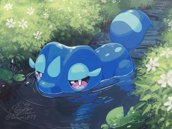 ambiguous_gender blue_body feral flower grass lily_pad plant purple_eyes solo swimming tail water tatumi079 nintendo pokemon pokemon_winds_and_waves gecqua generation_10_pokemon lizard pokemon_(species) reptile scalie 2026 4:3 digital_media_(artwork) hi_res signature
