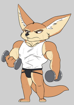 anthro biceps bodily_fluids bulge clothing exercise male muscular muscular_male pecs shirt solo sweat tank_top topwear weightlifting weights workout unrealrui disney zootopia finnick_(zootopia) canid canine fennec_fox fox mammal true_fox