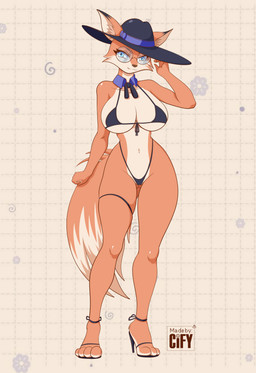 4_toes 5_fingers abstract_background animal_feet ankle_strap_heels anthro big_breasts big_butt bikini bikini_bottom bikini_thong bikini_top biped black_ear_tips black_ears black_eyebrows blue_eyes bra breasts brown_nose butt butt_from_the_front camel_toe cheek_tuft clothed clothing collar countershade_body countershade_breasts countershade_face countershade_fur countershade_neck countershade_torso countershading curvy_figure dipstick_ears dipstick_tail dots ear_markings eyebrows eyelashes eyewear eyewear_glint facial_tuft feet female female_anthro fingers fist flower fluffy fluffy_tail foot_tuft footwear front_view fur fur_tuft furgonomic_hat furgonomic_headwear furgonomics furry_tail genitals glasses glistening glistening_clothing glistening_eyes glistening_hat glistening_headgear glistening_headwear glistening_knees glistening_shoulders hand_to_face hat headgear headwear high_heels hindpaw hourglass_figure humanoid_breasts humanoid_hands inner_ear_fluff legband legwear logo long_tail looking_at_viewer markings minimal_clothing multicolored_body multicolored_ears multicolored_face multicolored_fur multicolored_neck multicolored_tail navel necktie orange_arms orange_body orange_ears orange_face orange_feet orange_fur orange_hands orange_legs orange_neck orange_paws orange_snout orange_tail orange_tuft paws plant pointy_ears prick_ears purple_clothing purple_collar purple_footwear purple_hat purple_headwear purple_high_heels purple_legband purple_legwear purple_necktie purple_ribbon ribbons shirt_collar shoes simple_background skimpy skimpy_thong skimpy_underwear small_waist smile smiling_at_viewer soles solo spiral string_bikini swimwear tail tail_markings tan_background tan_body tan_breasts tan_countershading tan_face tan_feet tan_fur tan_inner_ear tan_inner_ear_fluff tan_snout tan_soles tan_tail tan_tail_tip tan_throat tan_torso tan_tuft tan_underbelly text thick_eyelashes thick_thighs thong tied_bikini toes tuft two-piece_swimsuit underwear voluptuous voluptuous_anthro voluptuous_female wearing_glasses wide_brim_hat wide_hipped_anthro wide_hipped_female wide_hips cify canid canine fox mammal true_fox absurd_res artist_logo artist_name colored digital_drawing_(artwork) digital_media_(artwork) hi_res