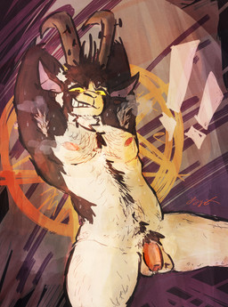 anthro armpit_hair balls body_hair flaccid foreskin genitals grin hairy hands_behind_head humanoid_genitalia humanoid_penis male musky_armpit nipples nude occult_symbol penis pentagram pink_penis smile solo symbol tuft gaygoat deadlock_(game) valve billy_(deadlock) bovid caprine goat mammal absurd_res hi_res