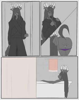 annoyed anus bath bathtub breasts butt claw_foot_bathtub clothing elderly_female female genitals green_eyes horn nude solo tired underwear vulva popcatpixel yumi_tenma undead zess absurd_res comic hi_res