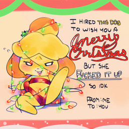 anthro bedroom_eyes black_text blonde_hair blush buckteeth christmas_card christmas_decorations christmas_lights empty_eyes featureless_hands feet female female_anthro floppy_ears front_view fur gift_wrapped hair hindpaw holidays looking_at_viewer merry_christmas multicolored_body multicolored_fur multicolored_hair narrowed_eyes no_pupils no_sclera nude nude_anthro nude_female open_mouth open_smile orange_ears orange_hair pawpads paws raised_leg red_ribbon ribbons seductive simple_background sitting smile smiling_at_viewer spread_legs spreading teeth text two_tone_body two_tone_fur two_tone_hair white_eyes white_text yellow_body yellow_fur young young_anthro young_female ligma_(artist) animal_crossing christmas nintendo isabelle_(animal_crossing) canid canine canis domestic_dog mammal shih_tzu toy_dog 2025 animated digital_media_(artwork) english_text handwritten_text