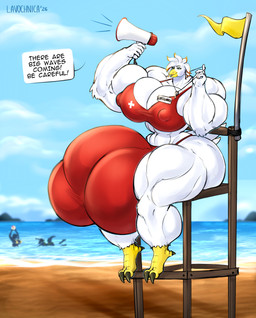 anthro beach big_breasts big_bulge big_muscles breasts bulge gynomorph huge_breasts huge_bulge huge_muscles hyper hyper_bulge intersex lifeguard muscular sea solo text water lavochnica avian bird cockatoo parrot absurd_res english_text hi_res