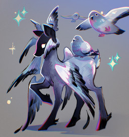 8_wings ambiguous_gender beak feathered_wings feathers feral flying fur grey_body grey_fur group multi_wing quadruped simple_background sparkles tail wings feefal angel avian bird columbid deer hybrid mammal pigeon seraph_(angel) digital_media_(artwork) hi_res