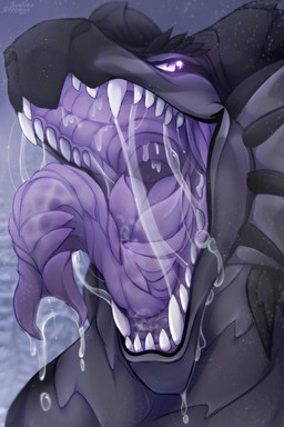 black_body black_horn bodily_fluids cheek_frill drooling fangs forked_tongue front_view glistening glistening_eyes grey_body grey_frill horn male mouth_shot narrowed_eyes open_mouth open_smile outside plant purple_eyes purple_tongue saliva saliva_on_chin saliva_on_tongue saliva_string smile snow snowing solo teeth tongue tree unsigned unusual_anatomy unusual_tongue santanahoffman mythology dragon mythological_creature mythological_scalie scalie bust_portrait hi_res portrait