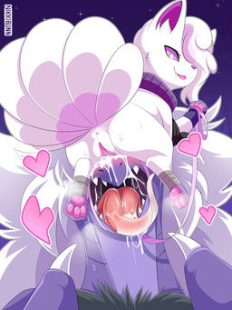 anthro bandage blush bodily_fluids clothing cunnilingus dominant dominant_female duo facesitting female feral fur genitals gloves hair handwear leash long_hair male male/female ninja nude open_mouth oral pink_hair scarf sex sitting_on_another submissive submissive_male tongue tongue_out vaginal vulva warrior white_body white_fur white_hair nikkibunn mythology nintendo pokemon fan_character fubuki_(silverzero) gin_(silverzero) alolan_form alolan_vulpix aquatic canid canine canis dragon fish fox garchomp generation_4_pokemon generation_7_pokemon mammal mythological_creature mythological_scalie pokemon_(species) regional_form_(pokemon) scalie shark 2022 3:4 absurd_res hi_res