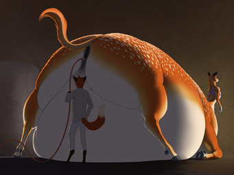 anthro anus belly big_belly big_butt butt clothing duo female fur genitals grey_clothing hose hose_inflation huge_belly inflation male orange_body orange_fur rear_view vulva meanybeany canid canine deer deer_taur fox mammal mammal_taur taur 2021