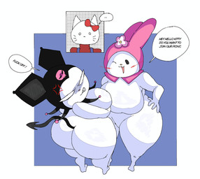 anthro big_breasts big_butt black_tail black_text bone breasts butt clothing cross-popping_vein dialogue featureless_breasts featureless_crotch female female/female fingers geometric_background greeting group huge_butt narrowed_eyes obese one_eye_closed open_mouth open_smile overweight profanity red_bow red_clothing red_topwear sharp_teeth simple_background skull smile spade_tail speech_bubble tail talking_to_another teeth text topwear trio whiskers white_body white_butt white_ears white_eyes lolbear_9 hello_kitty_(series) onegai_my_melody sanrio hello_kitty_(character) kuromi my_melody demon domestic_cat felid feline felis lagomorph leporid mammal rabbit 2024 digital_drawing_(artwork) digital_media_(artwork) english_description english_text hi_res