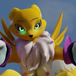 anthro armwear armwear_only black_sclera blue_background blue_eyes breasts bridal_gauntlets bridal_gauntlets_only bright_eyes cheek_tuft clothing facial_tuft female female_anthro fluffy fluffy_tail fur fur_markings looking_at_viewer low-angle_view markings mostly_nude multicolored_body multicolored_ears multicolored_eyes multicolored_fur multicolored_tail neck_tuft nipples nude nude_anthro nude_female purple_markings simple_background sky solo tail tuft white_body white_ears white_fur white_tail yellow_body yellow_ears yellow_fur yellow_tail vesperisonline bandai_namco digimon renamon_(kespr) canid canine digimon_(species) fox mammal renamon 1:1 2023 3d_(artwork) digital_media_(artwork) hi_res