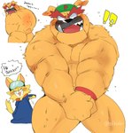 anthro butt clothing covering covering_crotch covering_self dialogue duo eyebrows fur hat hat_only headgear headgear_only headwear headwear_only male mostly_nude orange_body orange_fur simple_background surprise thick_eyebrows hyaku_(artist) nintendo warioware dribble_(warioware) spitz_(warioware) canid canine canis domestic_cat domestic_dog felid feline felis mammal hi_res