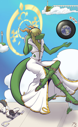 anthro aureola clothed clothing cloud crossdressing dress duo earth femboy flower footwear gold_trim hair hair_over_eyes halo hat headgear headwear heaven horn levitation male planet plant sandals shoes sky skyscape staff vines destrustor mythology tolenn_raspex deity dragon kobold mythological_creature mythological_scalie scalie absurd_res hi_res