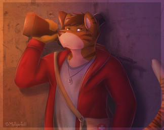 anthro clothing countershading dog_tags gun looking_at_viewer male ranged_weapon solo weapon mytigertail gabe_(mytigertail) felid mammal pantherine tiger 2015 hi_res signature