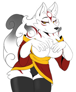 anthro anthrofied asian_clothing big_breasts black_nose breasts chest_tuft clothing collarbone covering covering_breasts dipstick_tail east_asian_clothing eyebrows facial_markings female fur hand_on_breast head_markings inner_ear_fluff japanese_clothing legwear markings red_markings solo tail tail_markings thigh_highs tuft white_body white_fur yellow_eyes infinitedge capcom okami_(capcom) amaterasu_(okami) canid canine canis deity mammal wolf 2025 5:6 absurd_res hi_res