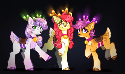 alternate_species antlers bell bell_collar braided_hair collar countershade_torso countershading eyelashes female feral fur glowing glowing_antlers green_eyes group hair holidays hooves horn inner_ear_fluff jingle_bell jingle_bell_collar markings multicolored_hair orange_body orange_eyes orange_fur pink_hair purple_eyes purple_hair red_hair saddle scut_tail short_tail smile spots spotted_markings tail trio tuft two_tone_hair white_body white_fur yellow_body yellow_fur buvanybu christmas friendship_is_magic hasbro my_little_pony apple_bloom_(mlp) scootaloo_(mlp) sweetie_belle_(mlp) deer mammal new_world_deer reindeer absurd_res hi_res