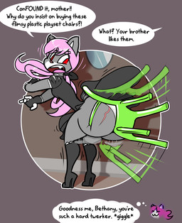 accessory alternative_fashion angry anthro big_butt boots bow_(feature) bow_accessory bow_ribbon breasts butt clothed clothing dress fangs female fingerless_gloves footwear frustrated gloves glowing glowing_eyes goth gothic_lolita hair_accessory hair_bow hair_ribbon handwear high_heeled_boots high_heels huge_butt j-fashion loli lolita_(fashion) open_mouth panties pigtails ribbons scar shaking_butt shoes shortstack solo stuck_to_butt teeth text twerking underwear young young_anthro norithics bethany_blacksboro domestic_cat felid feline felis mammal vampire digital_drawing_(artwork) digital_media_(artwork) english_text