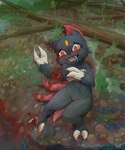 anthro bandage black_body black_fur blood blood_on_face bodily_fluids claws dismemberment drooling ear_piercing female flesh fur gore gore_focus outside piercing red_eyes saliva shoreline solo tears wound_on_arm wound_on_ear wounded uluri nintendo pokemon felid feline generation_2_pokemon mammal pokemon_(species) sneasel hi_res