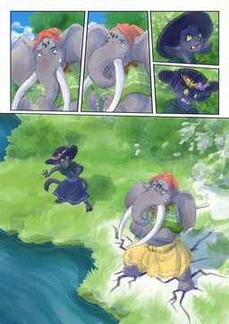 ambiguous_gender anthro biped black_body black_fur black_tail blue_sky clothed clothing cloud day duo fur grass grey_body hat headgear headwear holding_object magic male outside plant proboscis_(anatomy) river scared sky speech_bubble tail tree trunk_(anatomy) water bjekkergauken imbali_(bjekkergauken) isilo_(bjekkergauken) elephant elephantid mammal proboscidean unknown_species 2025 comic hi_res