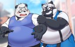 abstract_background anthro black_body black_fur clothed clothing duo embarrassed eyewear fur glasses hair holding_leg male male/male obese overweight overweight_male smile diru11 kokuba_hoeguro sasayama_akira bear canid giant_panda mammal hi_res