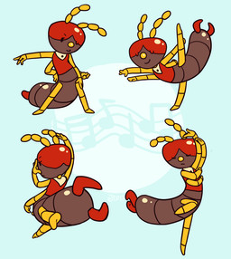 4_arms ambiguous_gender antennae_(anatomy) anthro dancing eyes_closed hand_on_hip hand_on_own_hip multi_arm multi_limb multiple_poses musical_note musical_symbol one_eye_closed pose raised_arm raised_leg round_nose smile solo standing symbol nicolaibunny arthropod earwig insect 2017 dated digital_media_(artwork) multiple_images