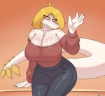 5_fingers anthro big_breasts biped black_bottomwear black_clothing black_pants blonde_hair blush bottomwear breasts clothed clothed_anthro clothed_female clothing eyebrow_through_hair eyebrows female fingers freckled_breasts freckled_face freckled_shoulders freckles front_view gesture hair huge_breasts humanoid_hands long_hair long_tail looking_at_viewer mature_anthro mature_female non-mammal_breasts orange_background pants red_clothing red_shirt red_topwear seductive shirt shoulderless_shirt simple_background sitting solo tail text topwear translucent translucent_hair waving waving_at_viewer white_eyes wide_hips yellow_sclera hyuvevo cavemanon_studios snoot_game fan_character tarja_(snoot_game) dinosaur prehistoric_species reptile scalie theropod troodon troodontid 2025 absurd_res artist_name colored hi_res portrait shaded three-quarter_portrait